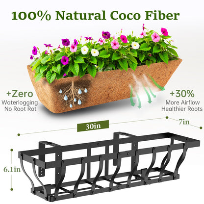 VOXOR Railing Planter Boxes, Heavy Duty Window Box Planters, Adjustable Balcony Planters for Railing Hanging, with Coco Liner & Support Rod for Deck, Porch, and Patio Gardening (3 Pack, 30 Inch)