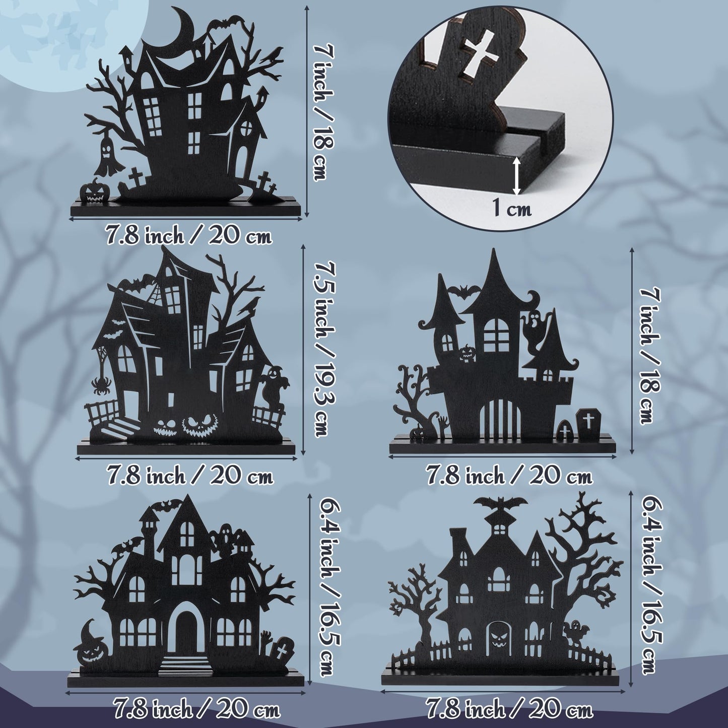 WATINC Halloween Wooden Centerpiece Decorations - 5Pcs Silhouette Haunted House Wood Tabletop Decor, Black Sketch Ghost Pumpkin Boo Detachable Tiered Tray Signs Tables Topper for Home Kitchen Party