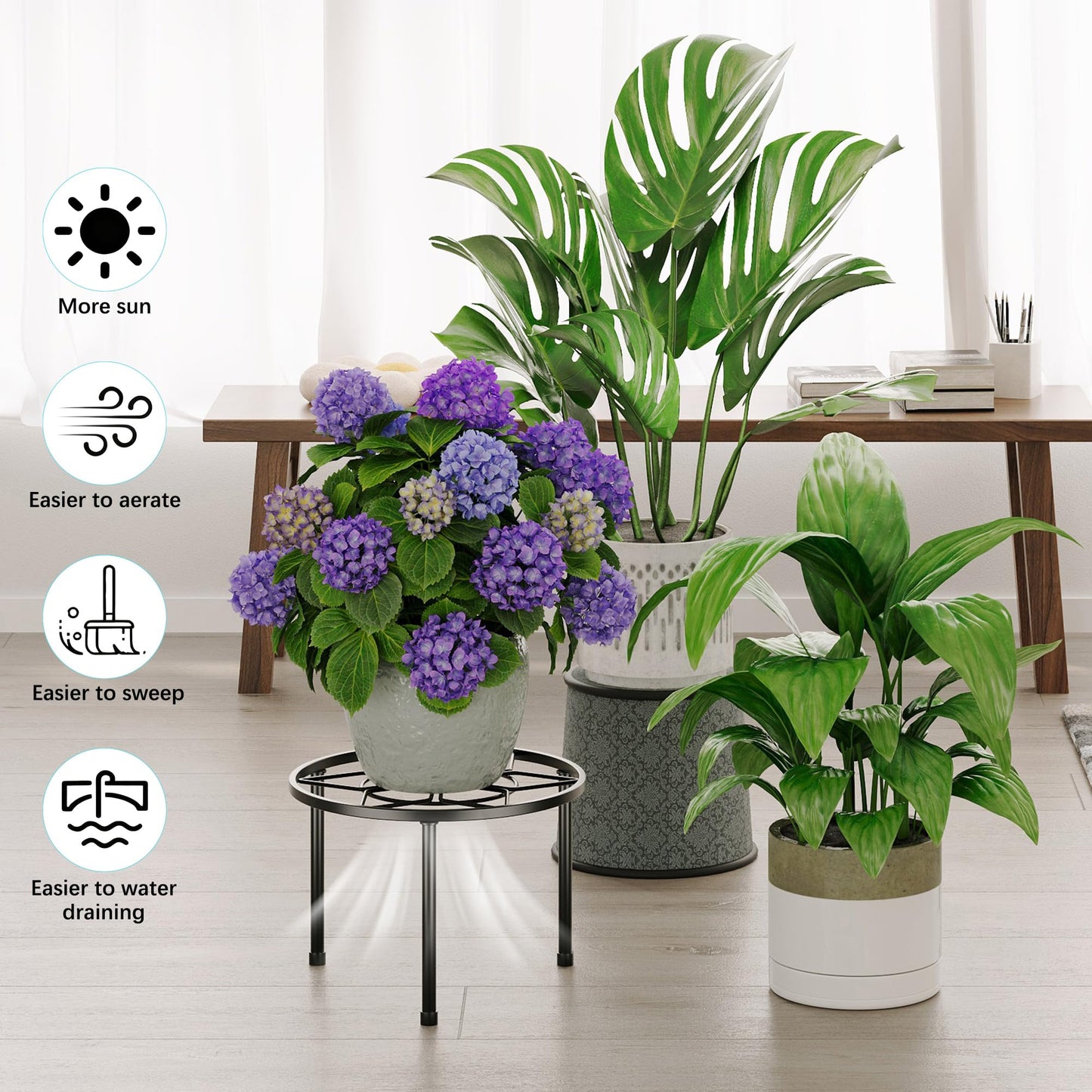 NQW 5 Pack Plant Stand Metal Flower Pot Stand Holders Indoor Tall Plant Rack Plant Round Black Plant Shelf For Patio, Living Room, Garden, Balcony(BlackDiamond)