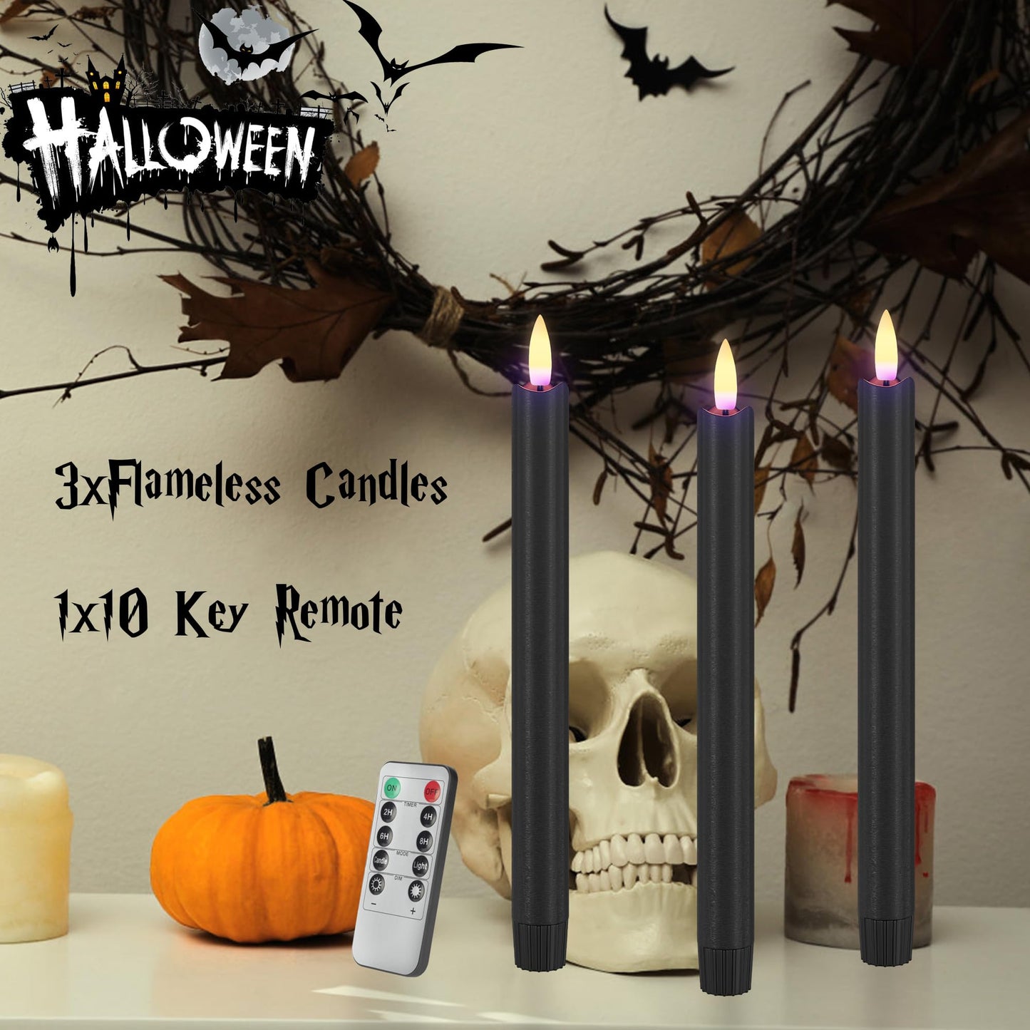 AFINETH Black Flameless Taper Candles with Remote, 9.6" Halloween Battery Operated Candles 3D Wick, 3 Pack Real Wax Led Candlesticks Flickering Electric Candle for Halloween, Home, Party Decor