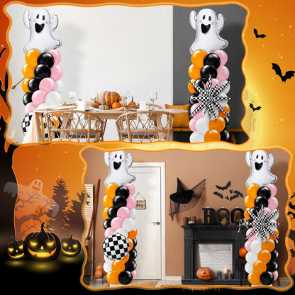 Kasyat 2 Sets Pink and Orange Halloween Balloon Arch Kit with Ghost Black White Checkered Round Ball Explosion Star Foil Balloon Orange Pink Black White Garland for Spooky Theme Party Decoration