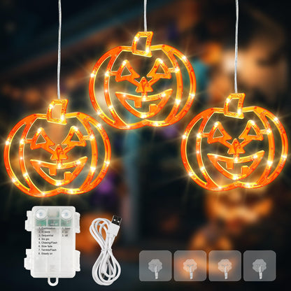 woohaha Halloween Window Lights,48LED 3 Pumpkin Curtain String Lights USB/Battery Operated,Hanging Light for Indoor Outdoor Bedroom,Room,Wall,Party,Holiday Decorations(Orange)