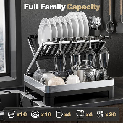 Dish Drying Rack, 2-Tier Stainless Steel Dish Rack with X-Frame and Drainage Spout, Large Collapsible Dish Drainer for Kitchen Counter, Dish Strainer with Utensil and Wine Glass Holder, Black