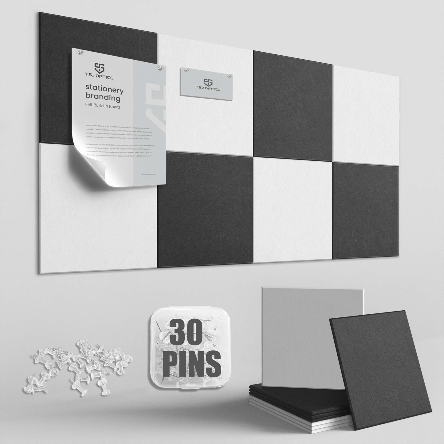TSJOFFICE Large Cork Board for Wall - 48" x 24" Bulletin Board with 30 Pushpins for Office Decor, Pin Board 8 Pack Felt Tiles with Safe Removable Adhesive Tabs, Corkboard for Home - Black & White