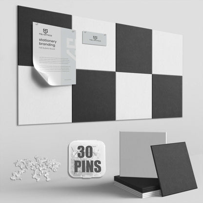 TSJOFFICE Large Cork Board for Wall - 48" x 24" Bulletin Board with 30 Pushpins for Office Decor, Pin Board 8 Pack Felt Tiles with Safe Removable Adhesive Tabs, Corkboard for Home - Black & White