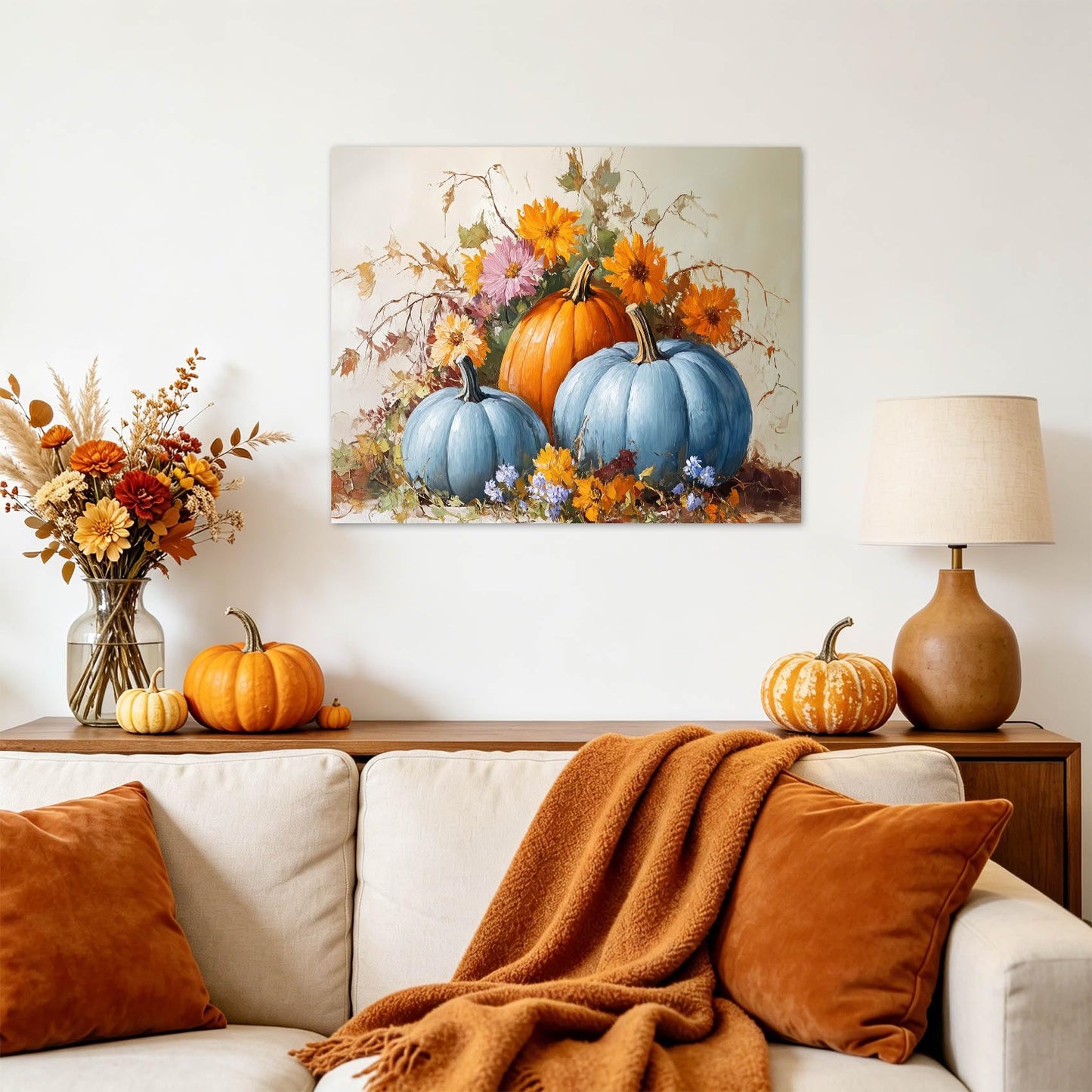 LB Blue and Orange Pumpkin Wall Art for Bathroom Fall Harvest Pumpkin and Plant Orange Floral Canvas Wall Art Thanksgiving Autumn Framed Wall Decor for Living Room Bedroom Ready to Hanging 16x12 Inch