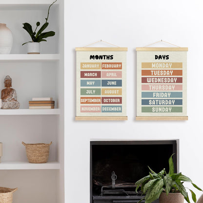 BCUANGD Classroom Wall Decor - Days of the Week Months of the Year Poster Hanger with Wood Frames Set of 2, Neutral Classroom Wall Hanging Canvas Decor for Kids Room Nursery Playroom, 12x16 Inches
