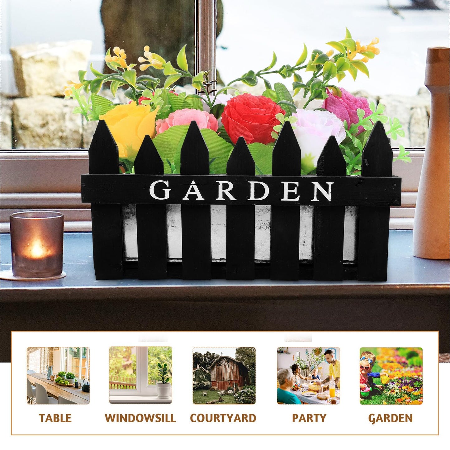 BESTonZON Wood Fence Flowerpot Planter with Fence Design, Rectangular Black Wood Plant Pot for Balcony and Outdoor Garden Decoration, Rustic Pastoral Style Flower Box