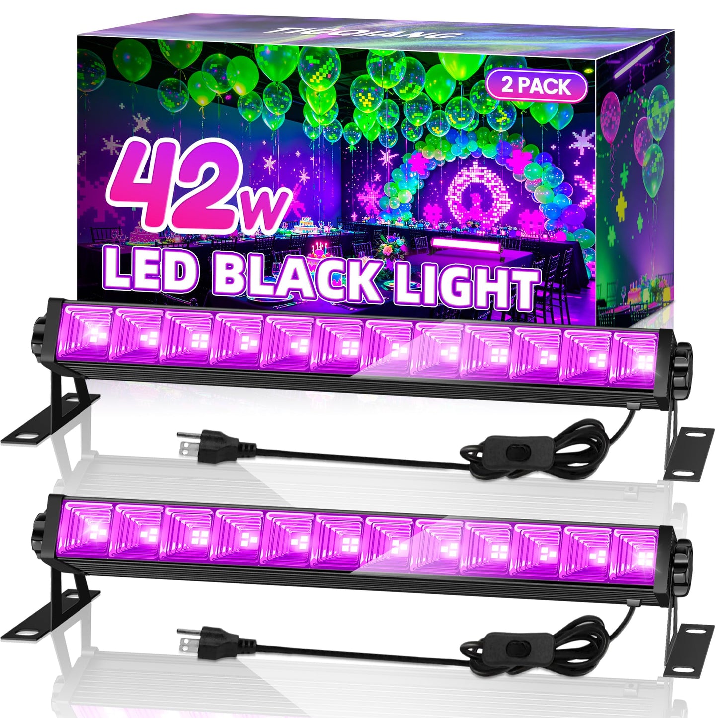 TigQiang 2 Pack 42W LED Black Light Bar, Blacklight with 6FT Cord+Switch+Plug, Glow in The Dark Black Lights Party Supplies,Halloween Lighting Decorations, Fluorescent Poster, Body Paint, Classroom