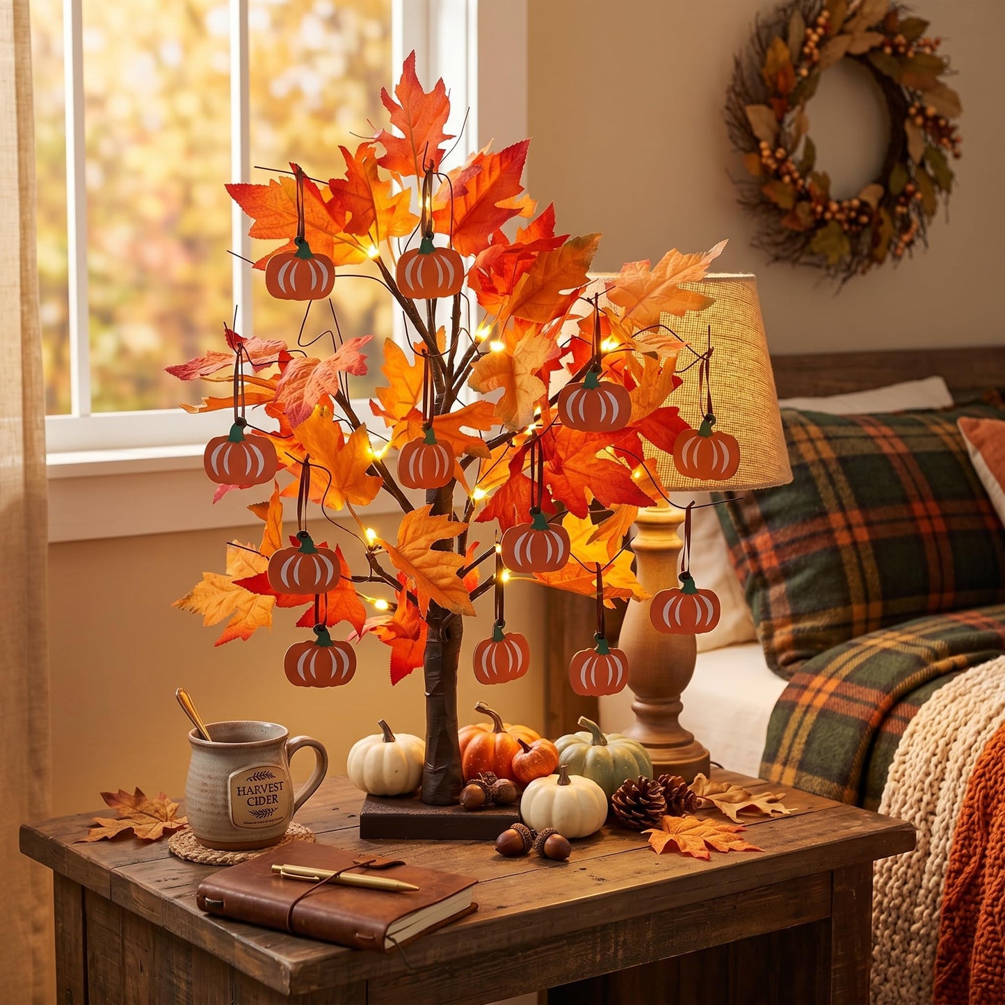 hogardeck Fall Decorations for Home, Thanksgiving Decorations, 24”2FT Lighted Maple Leaves Tree with 24 LEDs & 12 Wood Pumpkin Ornaments, Battery Powered Timer Artificial Trees for Autumn Table Decor