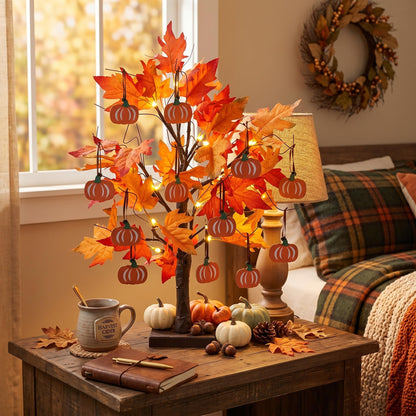 hogardeck Fall Decorations for Home, Thanksgiving Decorations, 24”2FT Lighted Maple Leaves Tree with 24 LEDs & 12 Wood Pumpkin Ornaments, Battery Powered Timer Artificial Trees for Autumn Table Decor