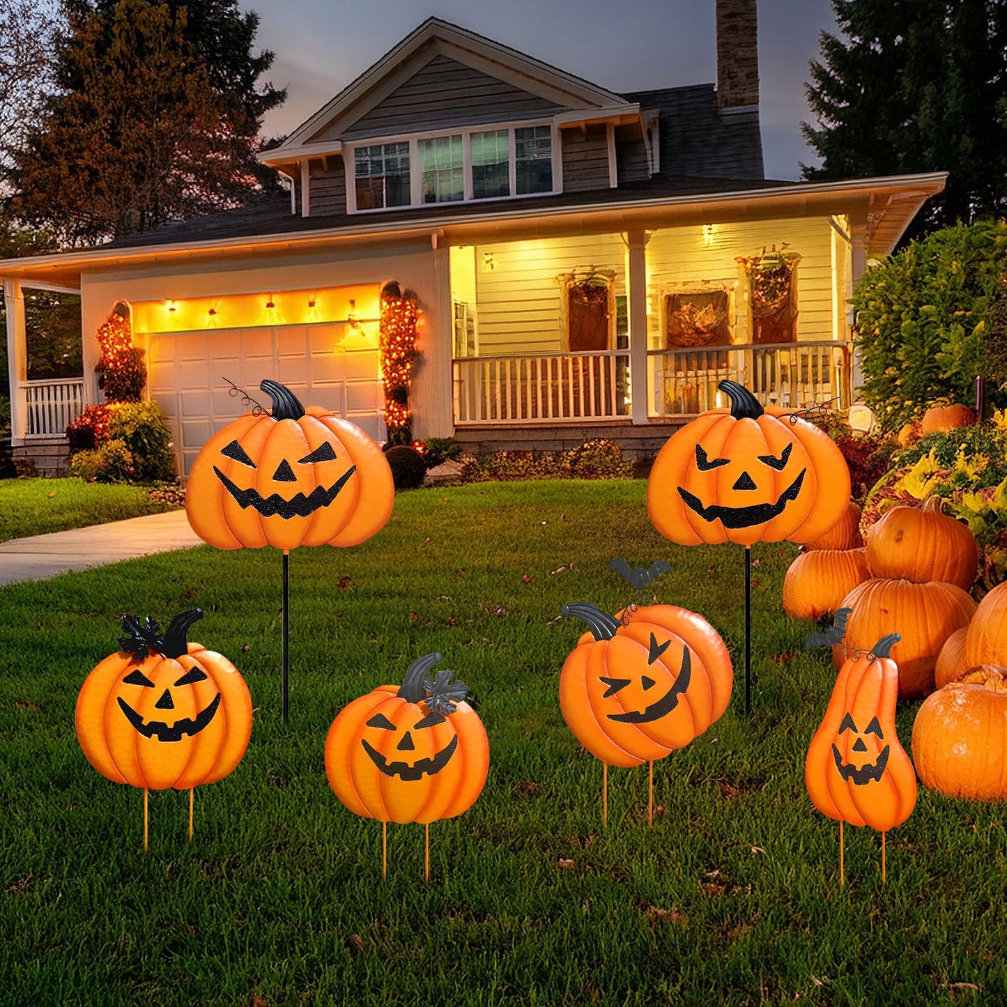 2 Pack Halloween/Thanksgiving Garden Stakes, Outdoor Party Décor Stacked Metal Pumpkins Jack-o-Lantern Lawn Decor, Yard Signs Stake Outdoor Decorative Pumpkin Home Lawn Pathway Driveway Decorations