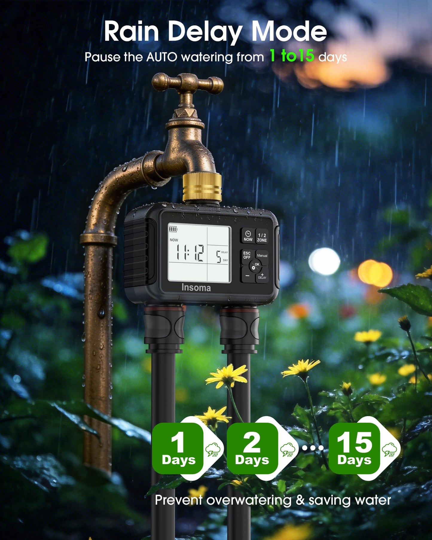 Insoma Water Timer with Brass Inlet & Outlet, 2 Independent Zones Outdoor Hose Timer for Garden Faucet with Auto/Manual/Rain Delay Mode, Sprinkler Irrigation Controller for Yard Lawn