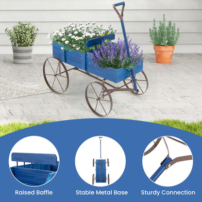 Goplus Wagon Planter, Decorative Wooden Garden Planter with Wheels, 2 Planting Sections and Adjustable Handle, Indoor Outdoor Backyard Balcony Decor (Blue)