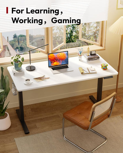 SANODESK Electric Standing Desk 55 x 28 Inches Whole-Piece Desktop Height Adjustable Stand Up Desk w/6-Button Controller Ergonomic Computer Desk for Home Office, Black Frame + White Tabletop