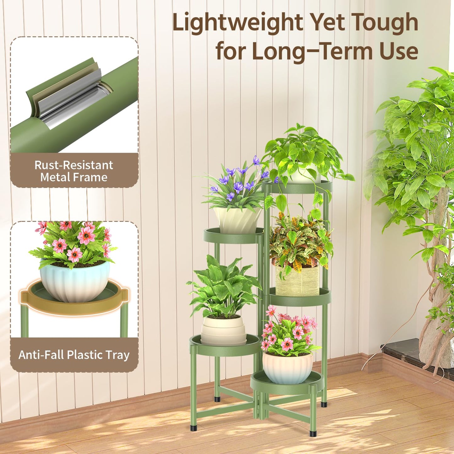 LASZOLA 5 Tiered Plant Stand Indoor Outdoor with Plastic Tray, Corner Folding Tall Flower Display Rack, Modern Plant Holder Shelf for Outdoor Patio Porch Garden Office Living Room, Green