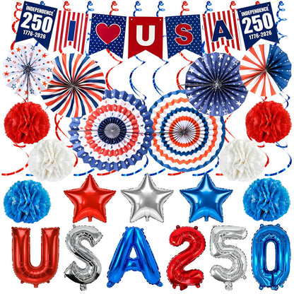 Onfunlee 4th of July Decorations Set, 34PCS Patriotic Memorial Day Decoration US 250th Anniversary Decor, Red White Blue Party Supplies with Paper Fans, Banner, Swirls, Pom Poms for Independence Day