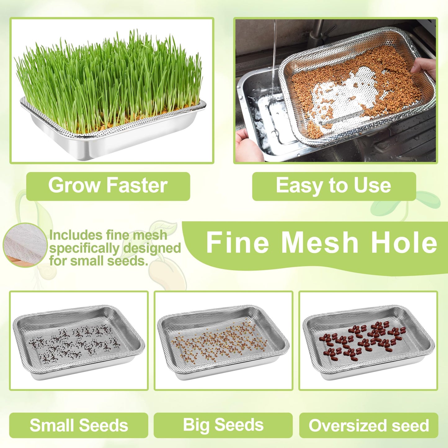 TCYPUHL Stainless Steel Sprouts Growing Kit 2-Tier 10.4 inch Trays, Microgreens Growing Kit, Seed Sprouting Tray with Encrypted Mesh Sprouts for Beans Alfalfa Broccoli Wheat Grass