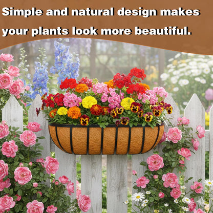JFFLYIT 2 Pcs 16“ Railing Planter Window Box Deck Railing Planters Boxes with Coco Liner English Horse Trough Planters Metal Wall-Mounted Planter Basket for Outdoor Balcony Porch Fence Patio Rail