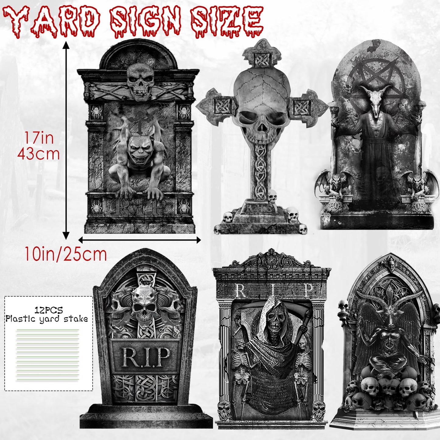 ontigola 16 Inch Halloween Graveyard Tombstones Prop Yard Stakes Signs 6 Styles Outdoor Headstones for Cemetery Halloween RIP Graveyard Tombstones Outdoor Props Yard Decorations with Stakes