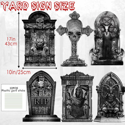 ontigola 16 Inch Halloween Graveyard Tombstones Prop Yard Stakes Signs 6 Styles Outdoor Headstones for Cemetery Halloween RIP Graveyard Tombstones Outdoor Props Yard Decorations with Stakes