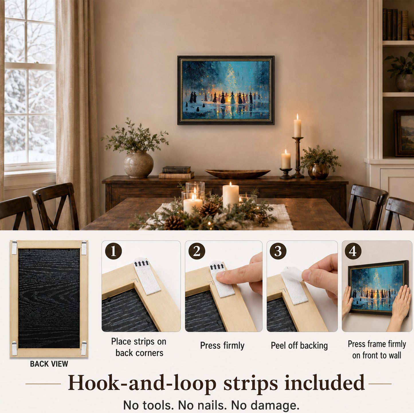 Vbaourut Framed Halloween Witch Wall Art, Magical Coven Canvas Painting, Spooky Forest Poster with Dark Brown Frame and Upgraded Hook and Loop for Bedroom, 9x11 in