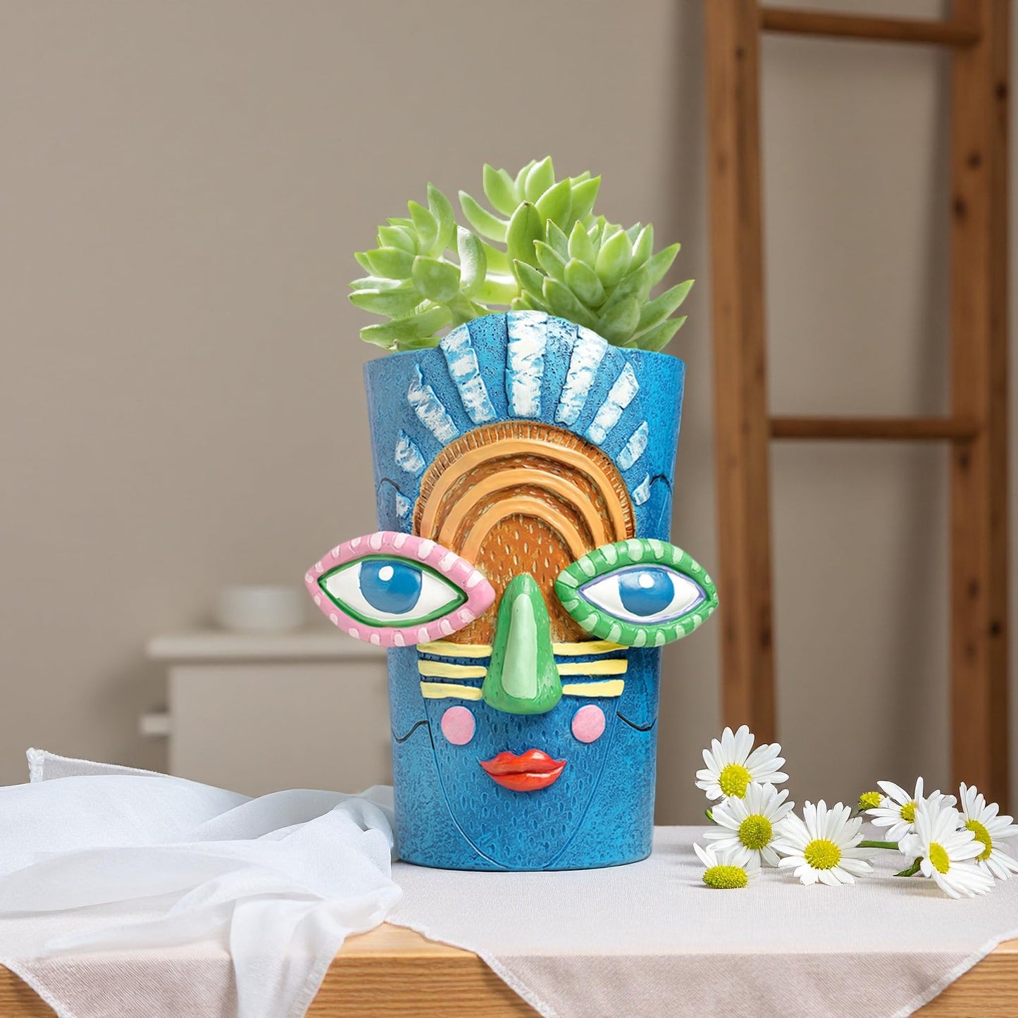Yhupl Picasso Abstract Face Flower Pot,Plant Pot with Facial Expressions,Handmade Resin Plant Pot with Drainage Holes,for Indoor and Outdoor Botanical Home décor (Blue Large)