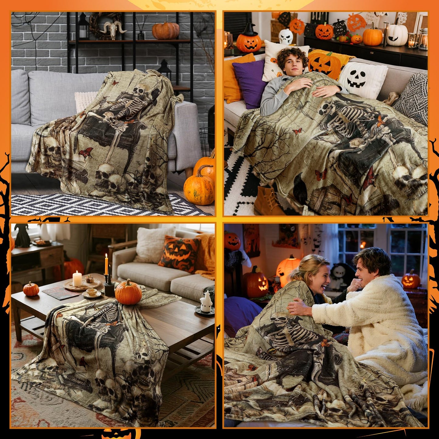 Breling Gothic Throw Flannel Blanket Ghost Skeleton Cozy Fuzzy Warm Throw Blanket Gothic Punk Themed Print for Winter Couch Sofa Bed Home Decor 60"x50"