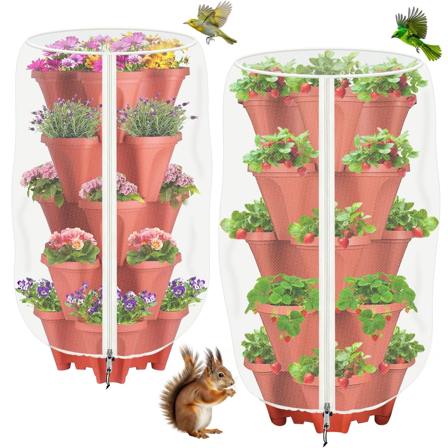 2 Pack Garden Vertical Planter Pot Insect Bird Netting,39.4" x 20" Stackable 5 Tier Strawberry Planter Pot Garden Mesh Plant Cover with Zipper for Outdoor Strawberry Herb Flower Protection