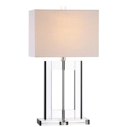 JONATHAN Y 26" Clear and Black Crystal Table Lamp, Modern Geometric Glam Glass Lamp with White Linen Drum Shade for Living Room Bedroom Nightstand, LED Bulb Included JYL2015A