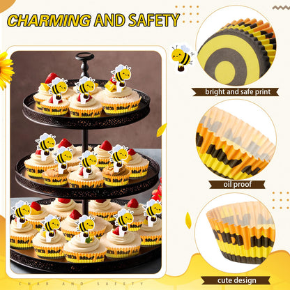 Vesici 200 Counts Cupcake Liners and 200 Counts Cupcake Toppers Round Baking Cups Greaseproof Muffin Liners for Christmas Holiday Birthday Theme Party Supplies(Bee)
