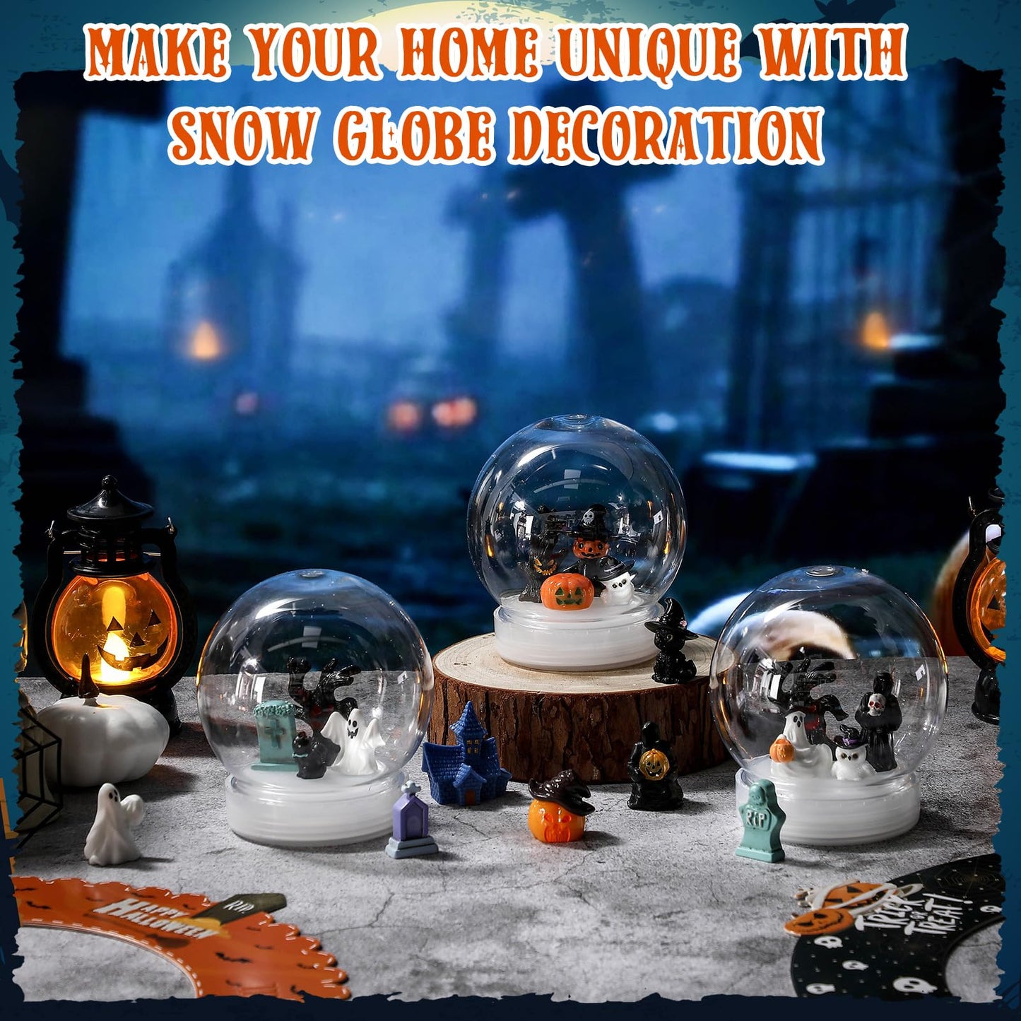 Qinyoung 60 Pcs Halloween DIY Snow Globe Kit, 3.9 Inch Clear Plastic Snow Globes with Resin Halloween Ornaments, Pumpkin Ghost Tombstone Witch Tree Miniatures for DIY Craft, Party Decor Gift