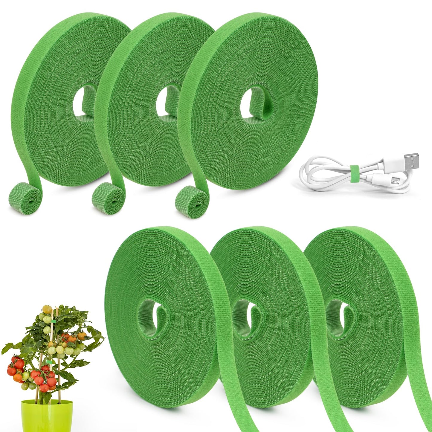 Sumalon 6 Rolls 196 Ft Green Plant Tape for Climbing Plants, 1/2 Inch Reusable Plant Stretch Ties, Adjustable Tomato Plant Supports, Plant Twist Ties for Gardening, Home, Office