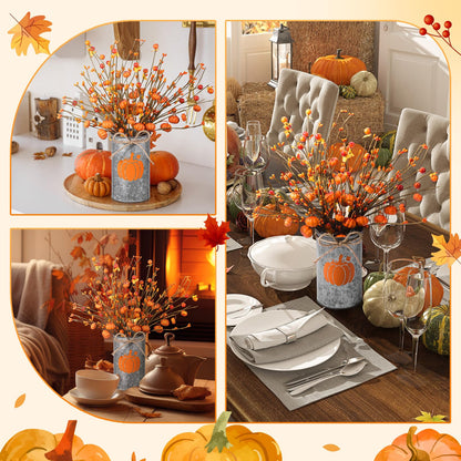 SiliFine Fall Thanksgiving Table Centerpiece Decoration Fall Artificial Flower Stems Pumpkin Shaped Berry Picks with Metal Vase Pot for Autumn Farmhouse Office Home Dining Table Decor