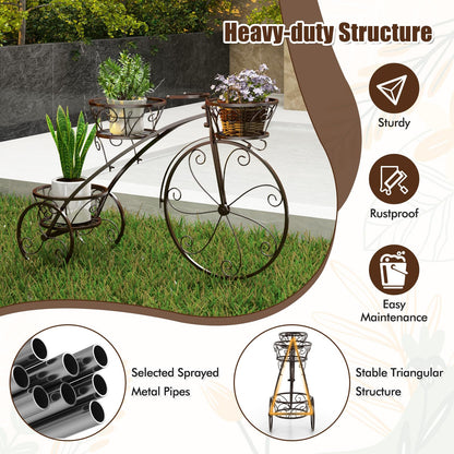 CHEFJOY Metal Bicycle Planter, 3-Tiers Flower Cart Display Stand with 3 Wheels & Iron Baskets, Decorative Cart plant stand for Garden, Patio, Indoor, Outdoor (Bronze)