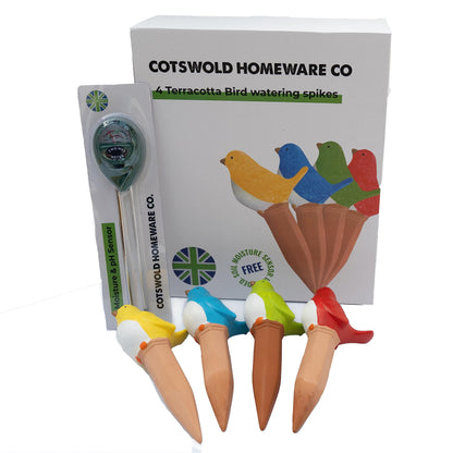 Cotswold Homeware Co 4 Terracotta Bird Plant Watering Devices Plant Waterer Self Watering Terracotta Bird Spikes Self Watering Planter Insert Free Moisture Meter