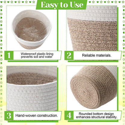Fiwochic 4 Pcs Cotton Rope Plant Baskets Indoor Woven Flower Baskets with Plastic Liner, Plant Planter for Indoor Outdoor Spring Rustic Boho Home Farmhouse Floor Potted Pots Decor