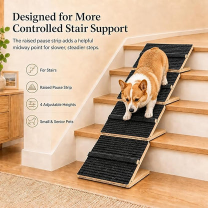2 Pack Dog Ramp for Stairs – Solid Wood Adjustable & Foldable, 4 Heights, Non-Slip Silicone Base, Traction Felt, Raised Pause Strip, 35lb for Small & Senior Dogs