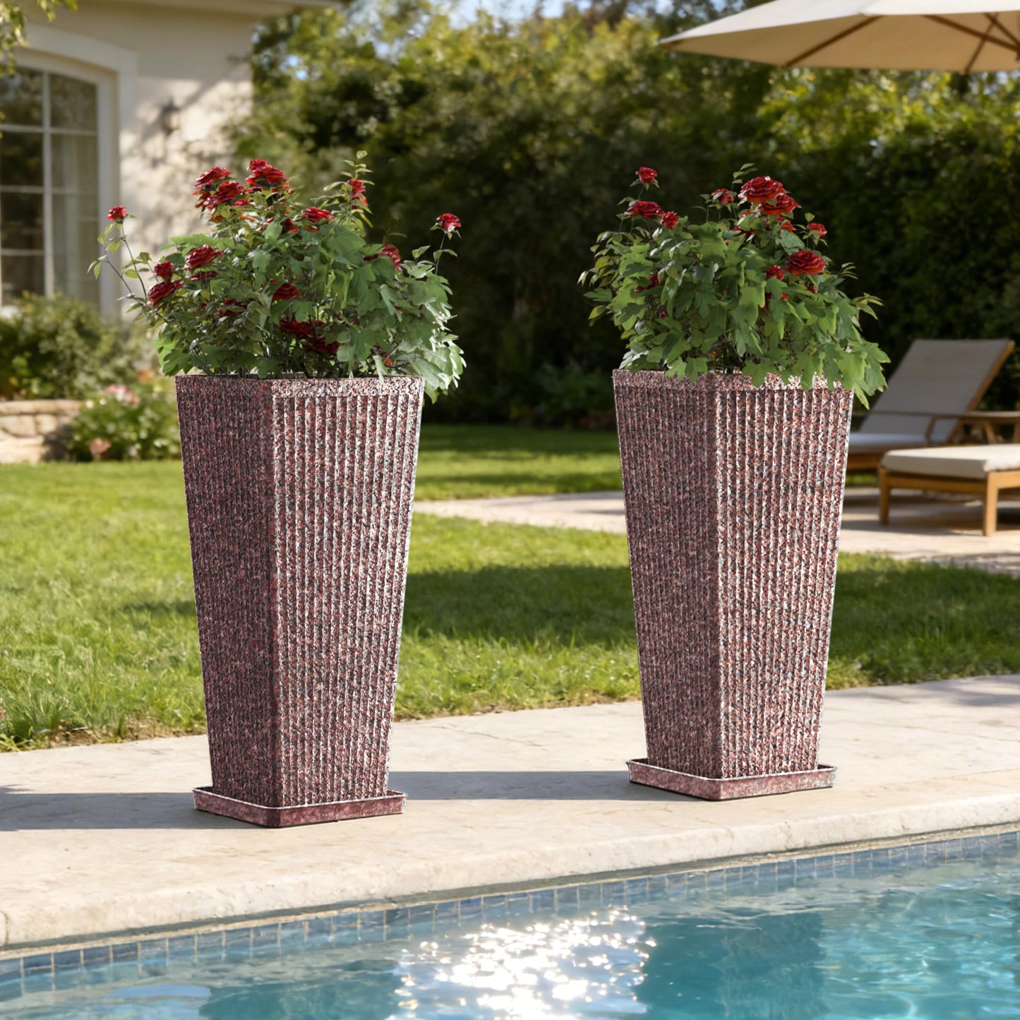 Trygoal 24" Square Tall Planters for Outdoor Plants Set of 2 - Faux Concrete Classic Tapered Indoor Flower Pots with Tray/Drainage Holes/Partition, Large Outdoor Planters for Porch Patio Garden, Brown