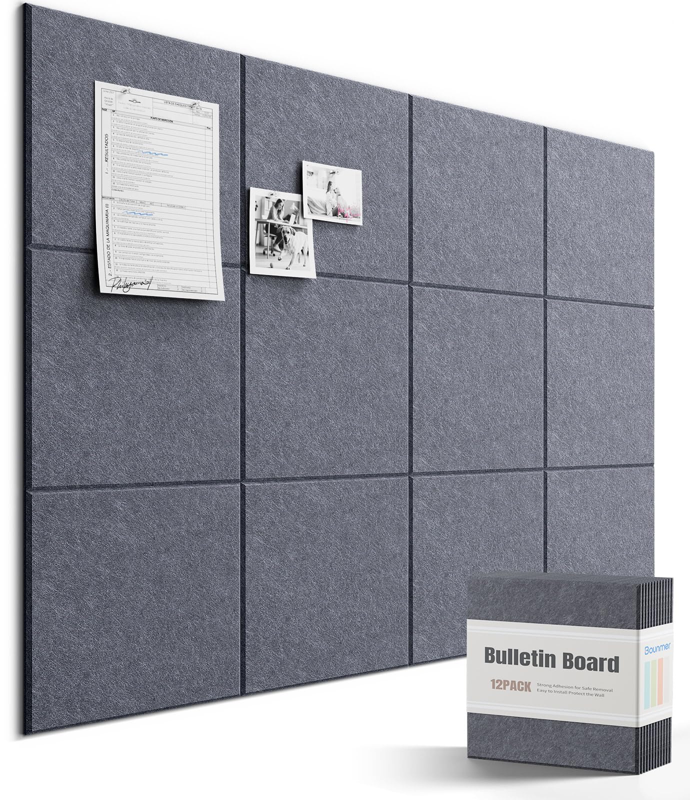 Bounmer Large Cork Bulletin Board - 48" x 36" Cork Board for Walls - 12 Pack Felt Tiles, 60 Removable Safe Adhesive Tabs & 30 Pushpins - for Office, School, Home Decor (Grey)