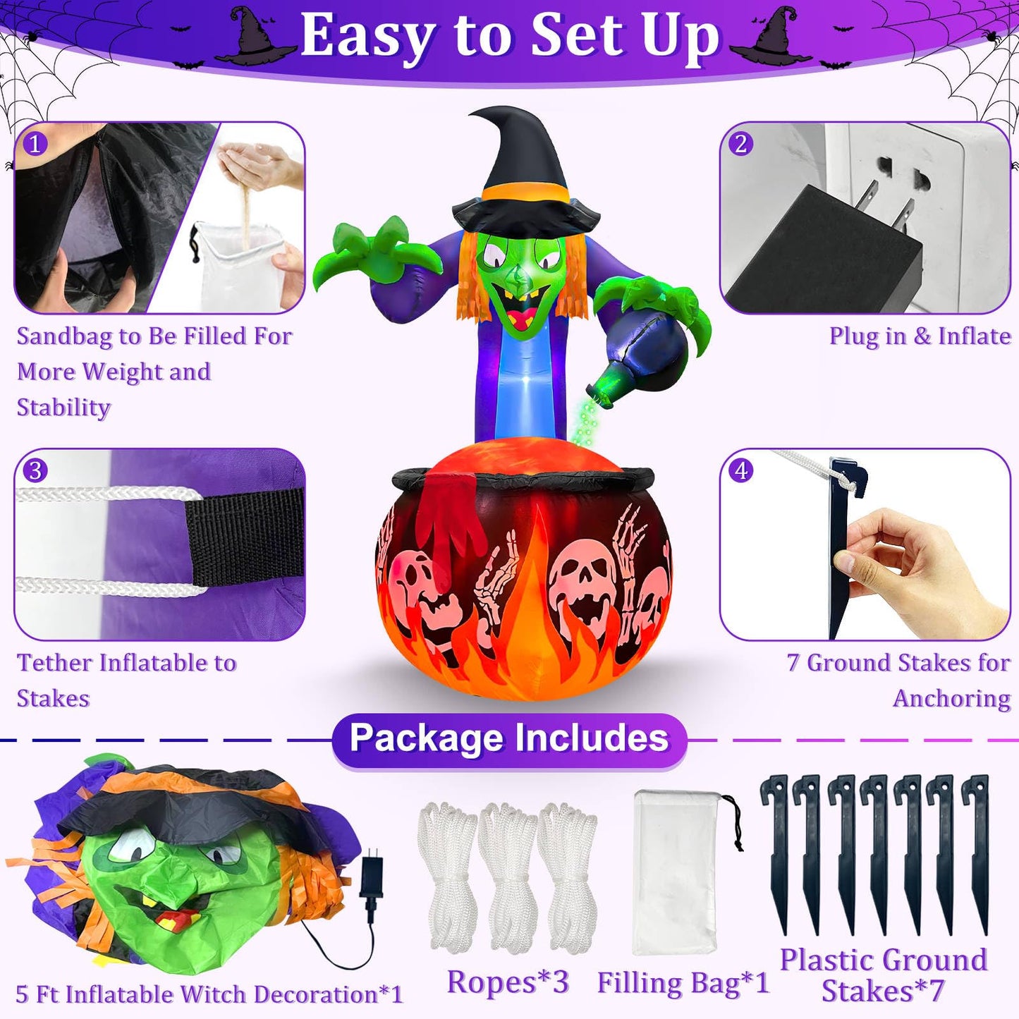 [ 2 Style Lights ] 5 Ft Halloween Inflatable Witch and Cauldron with Rotating Red Flame Lights & Green LED String Light, Halloween Decorations Outdoor Blow Up Yard Decor for Indoor Party Garden Lawn