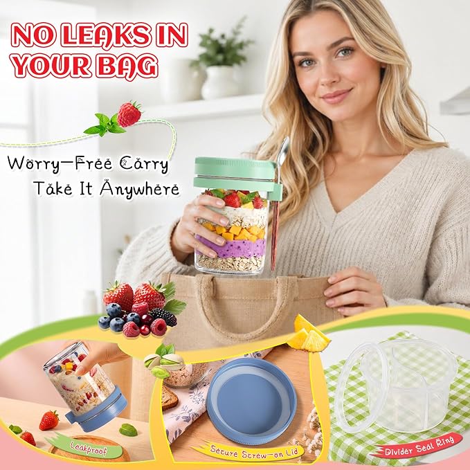 Overnight Oats Containers with Lids 4 Pack Mason Jars 16oz Glass Jar with Lid and Spoons Airtight Food Storage Containers Chia Seed Pudding Jars for Overnight Oats Parfait Yogurt Fruit Salad