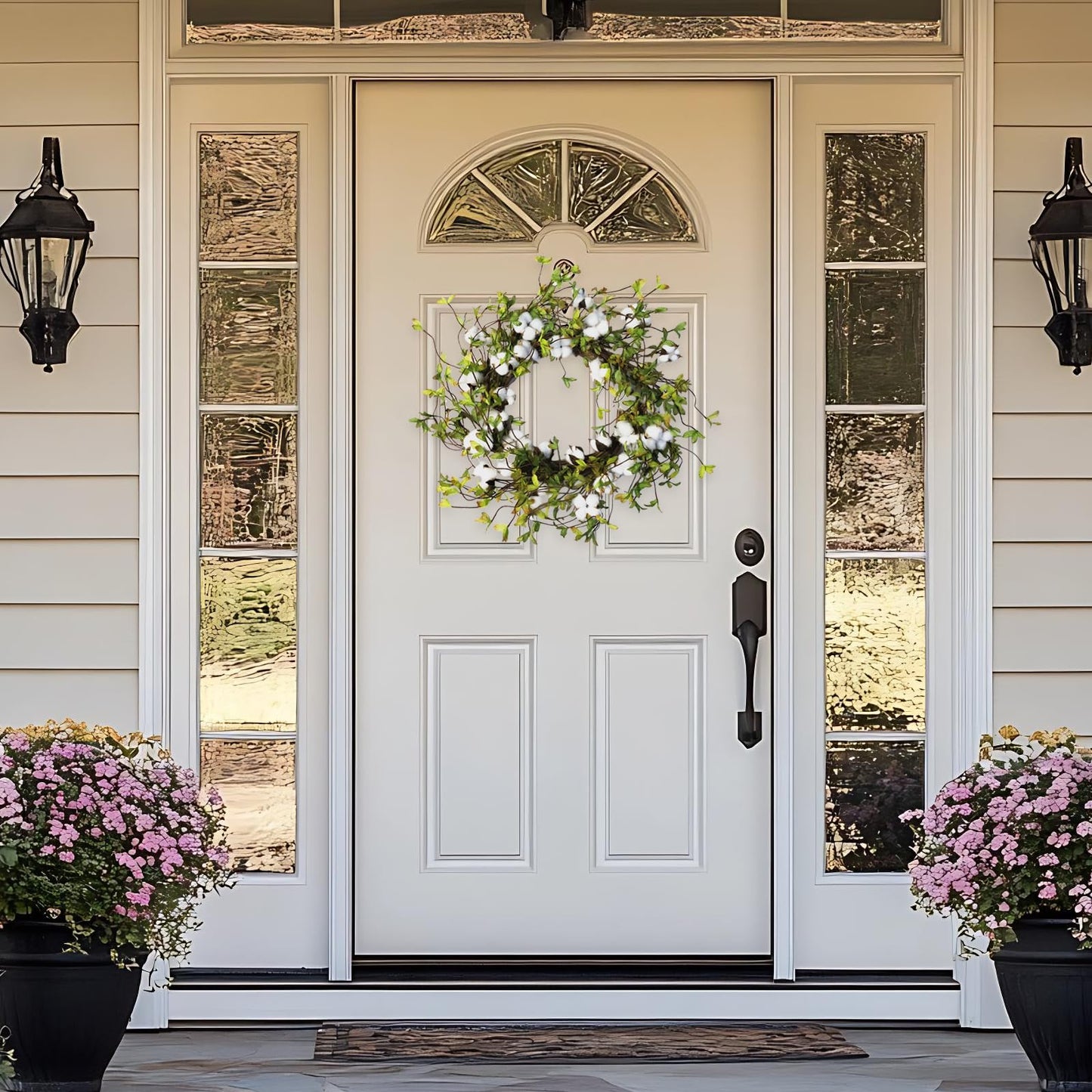 idyllic Green Leaves and Cotton Wreath for Front Door, Artificial Wreath on a Natural Twig Base for Farmhouse, Garden, Wedding, Decor