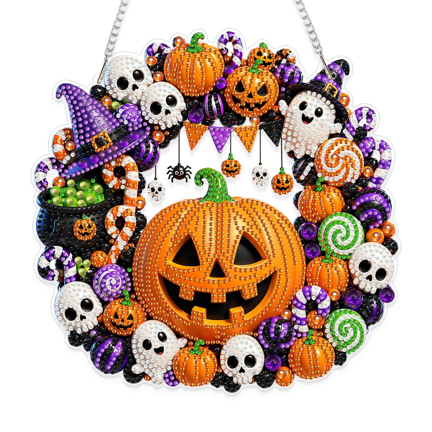 Eiflow Halloween Diamond Art Hanging Kit for Adults, DIY Acrylic Diamonds Craft Painting Hanging Ornament Board Kit, Special Crystal Diamond Art Painting Window Door Hanging Pendant (Pumpkin Wreath)