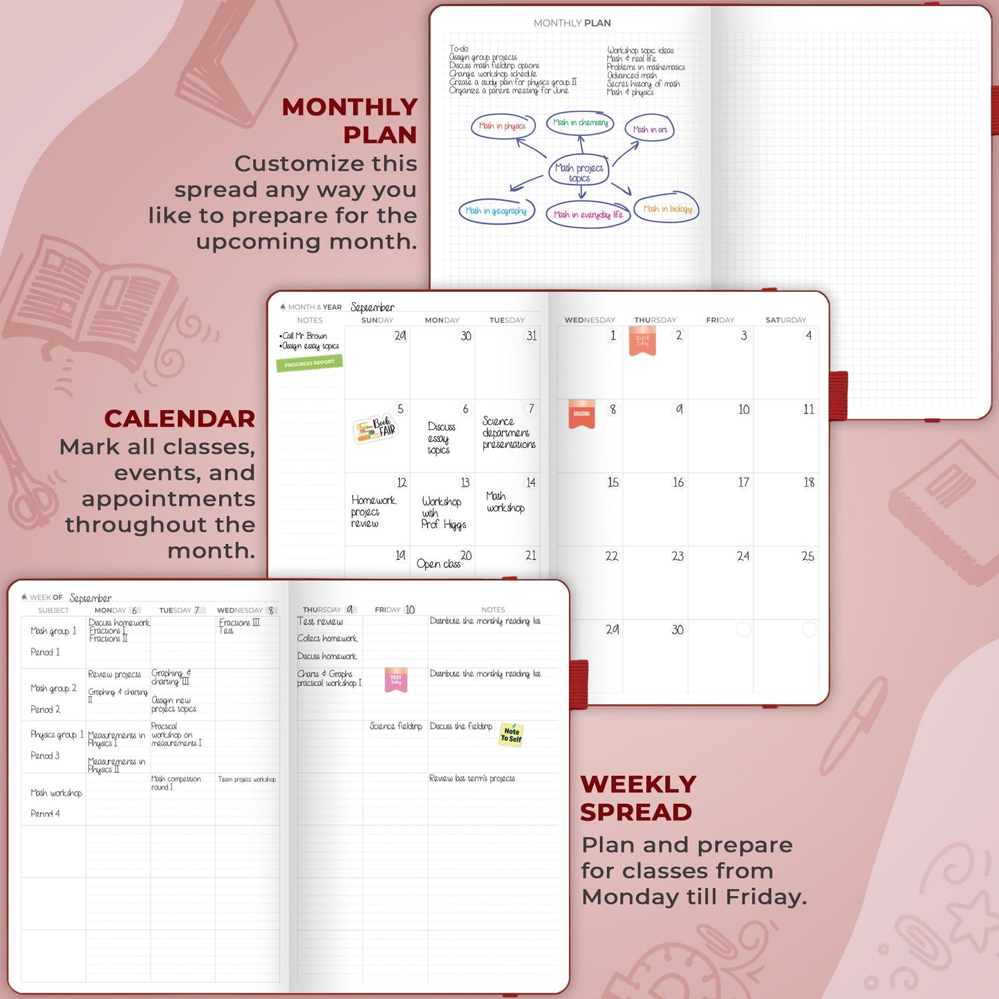 Clever Fox Teacher Planner – School Year Planner with Calendars & Lesson Plans – Teacher Plan Book for Classroom & Homeschool Organization - Undated, 7x10″, Hardcover (Wine Red)