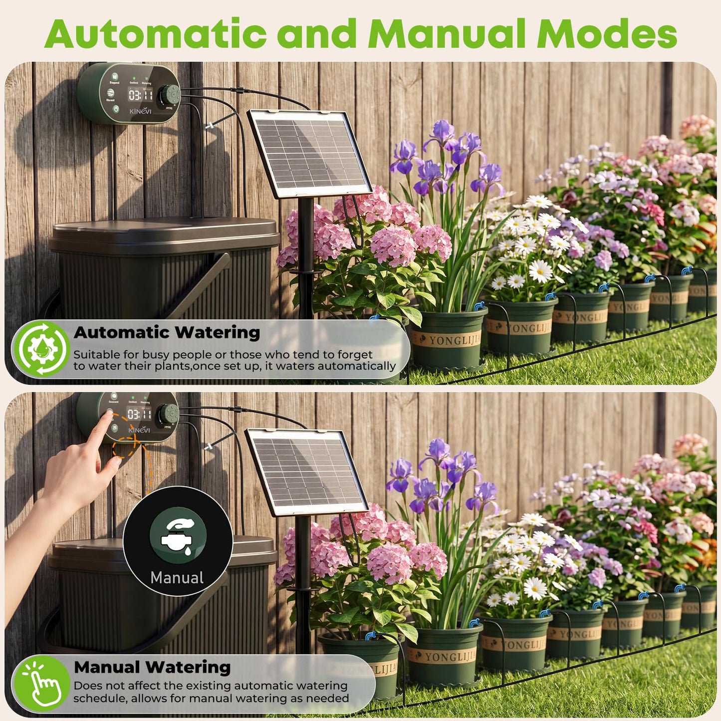 Solar Drip Irrigation System Kit, Auto Watering Kit for 15 Pots, 3W Solar Powered Auto Easy DIY Watering Device,22 Timing Modes with with Anti-Siphoning Device & Buckets and Flower Pots