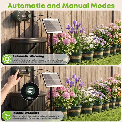 Solar Drip Irrigation System Kit, Auto Watering Kit for 15 Pots, 3W Solar Powered Auto Easy DIY Watering Device,22 Timing Modes with with Anti-Siphoning Device & Buckets and Flower Pots