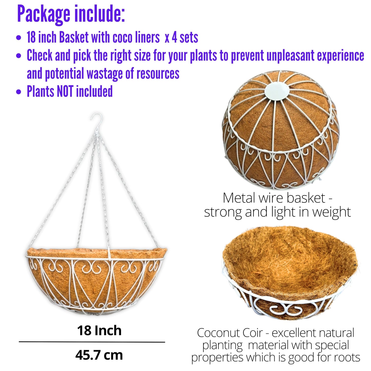 LaLaGreen Hanging Planter for Outdoor (18 Inch, 4 Pack) Large White Metal Wire Hanging Plant Planter with Coco Liner Round Garden Farmhouse Balcony Country Decor Flower Pot Hanger Deck Porch Modern