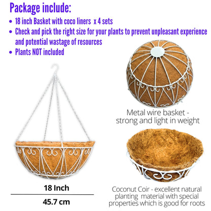LaLaGreen Hanging Planter for Outdoor (18 Inch, 4 Pack) Large White Metal Wire Hanging Plant Planter with Coco Liner Round Garden Farmhouse Balcony Country Decor Flower Pot Hanger Deck Porch Modern