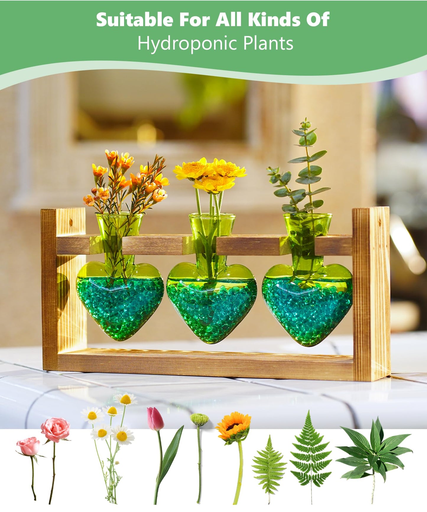 Nacome Plant Terrarium Propagation Stations: Mothers Day Gifts for Mom Plant Lovers Women Wife Daughter - 3 Bulb Glass Vase with Wooden Stand Tabletop for Hydroponics Home Garden Decor(Green)